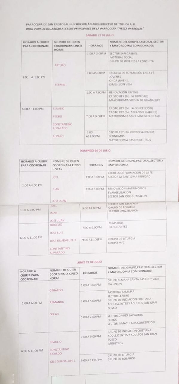 Rol de resguardo de puertas para la Fiesta Patronal